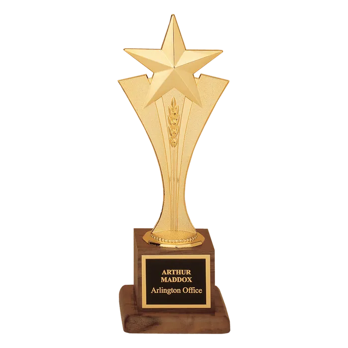 Modern Goldtone Star Casting on Walnut Base with Black Brass Plate