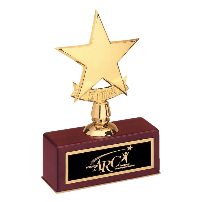 Polished Metal Goldtone Star on a Rosewood Piano Finish Base, Black Brass Plate