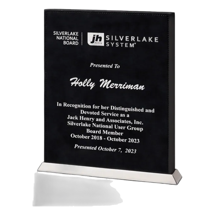Black/Silver Laser Leather Desktop Plaque with Chrome Plated Base