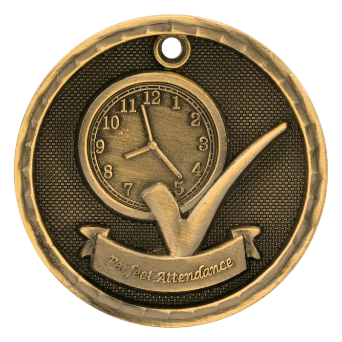 Perfect Attendance 3-D Medal-Gold