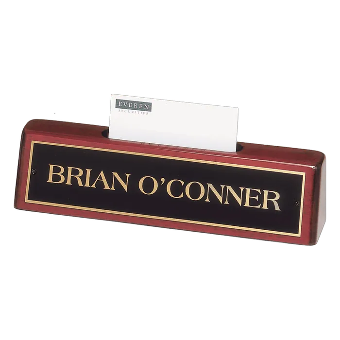 Rosewood Piano Finish Name Plate with Black Brass Plate and Business Card Slot
