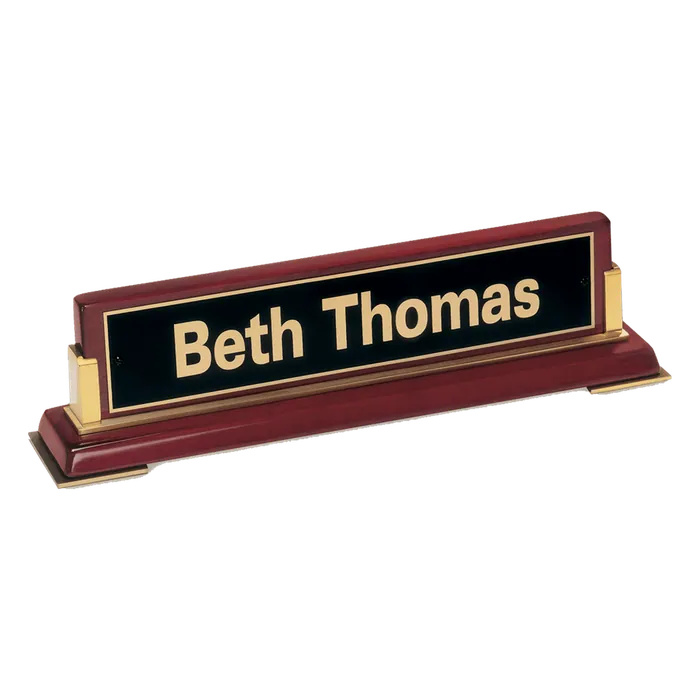 Rosewood Piano Finish Name Plate with Black Brass Plate/Gold Metal Accents