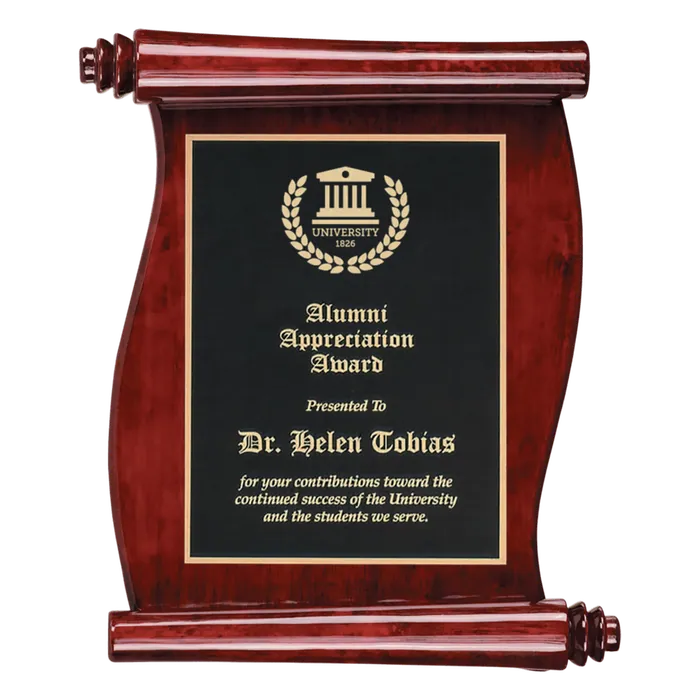 10 1/2" x 14" Rosewood Finish Scroll Plaque with Black Plate
