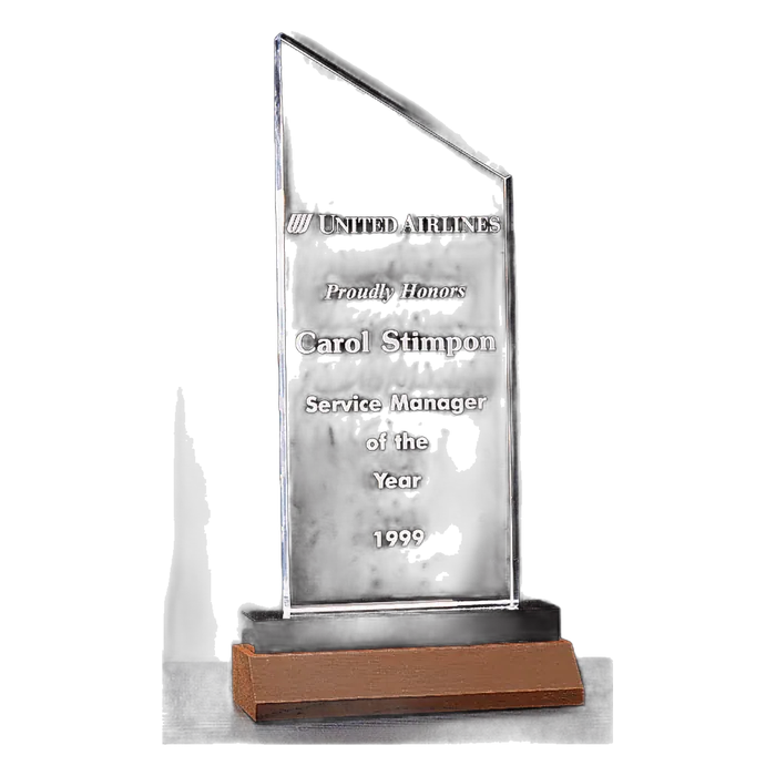 Zenith Series Clear Acrylic Award with Solid Walnut Base, 4 1/4" x 7 1/4"