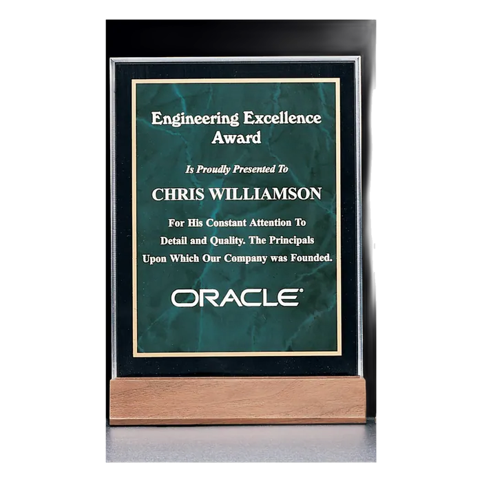 Emerald Marble Acrylic Award on Solid Walnut Base, 7" x 9 5/8"