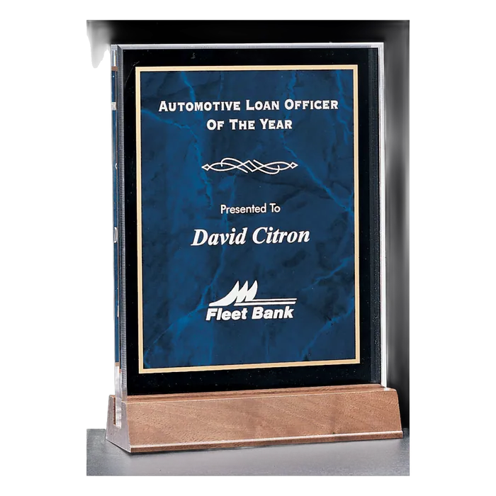 Sapphire Marble Acrylic Award on Solid Walnut Base, 7" x 9 5/8"