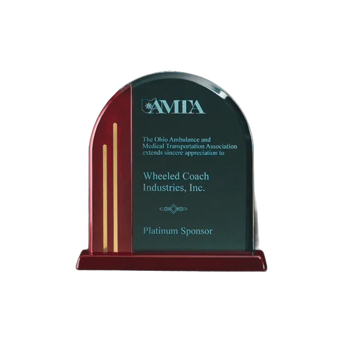 Arch Series Jade Acrylic with Rosweood Piano Finish Base, Post, Metal Accents