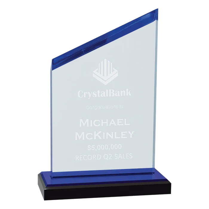 Zenith Series Acrylic Award with Blue Accents/Black Base with Blue Mirror Top, 4 1/2" x 7 1/2"