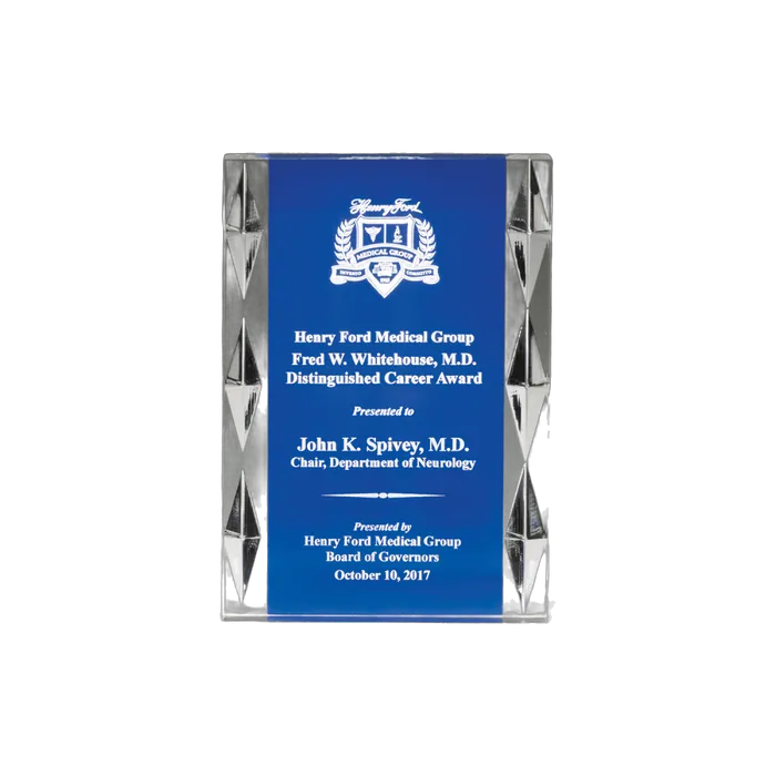 Acrylic Award with Blue Background and Carved Jewel Accents, 4" x 6"
