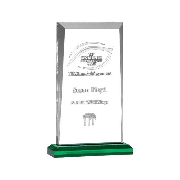 Apex Series Clear Acrylic Award with Green Highlights and Green Base, 5 1/2" x 8 3/4", Style A7105
