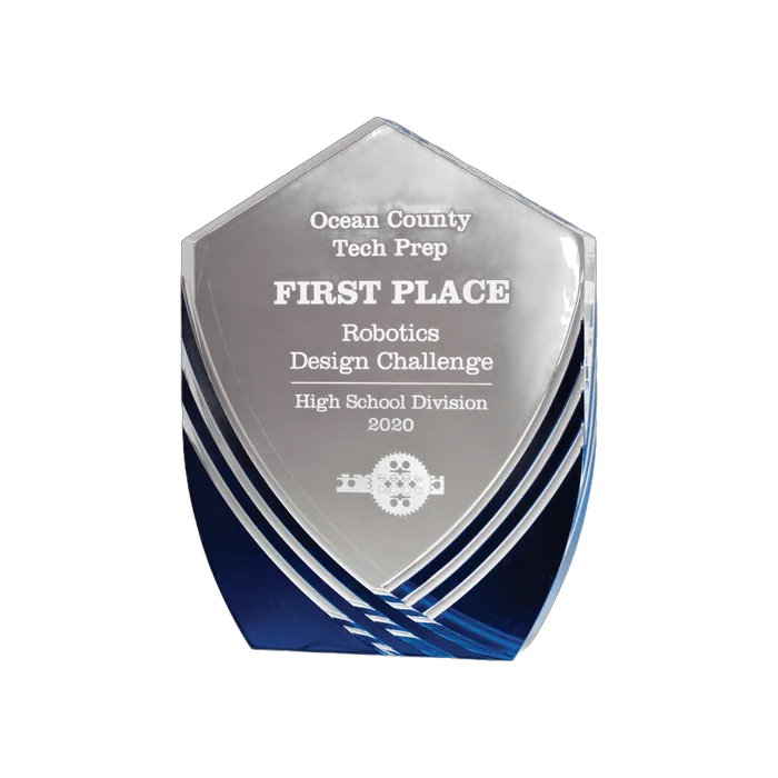 Shield Series Clear Acrylic with Polished Score Lines and Blue Metallic Accent, 7 3/8" x 9 1/2"