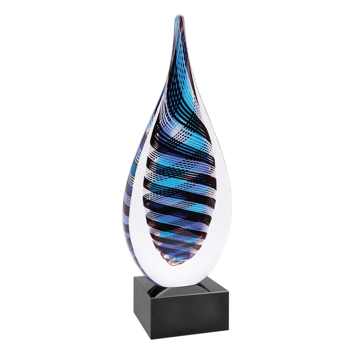 Blue, White & Black Twist Rain Drop Art Glass