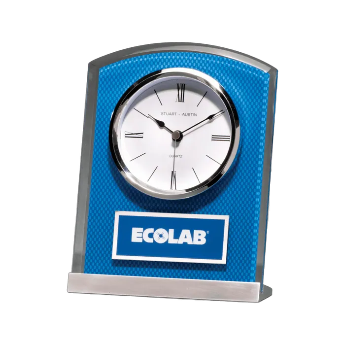 Glass Clock with Blue Carbon Fiber Design on Aluminum Base