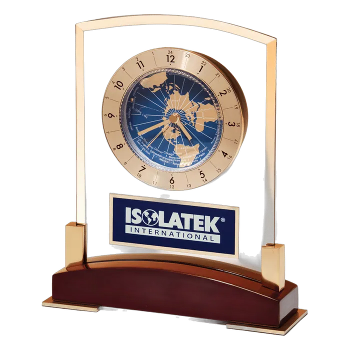Glass Clock with World Time Dial on Piano Finish Base
