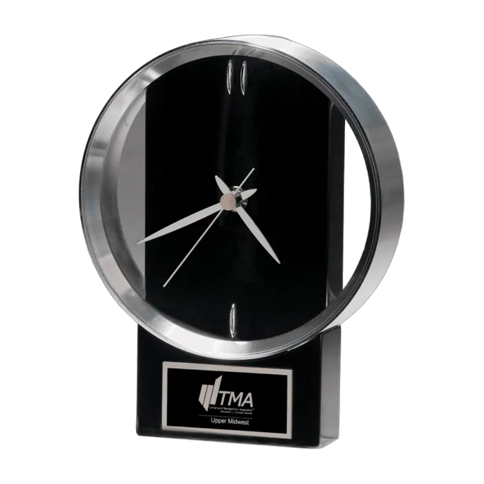 Modern Design Clock with Brushed Silver Zezel on a Black High Gloss Base