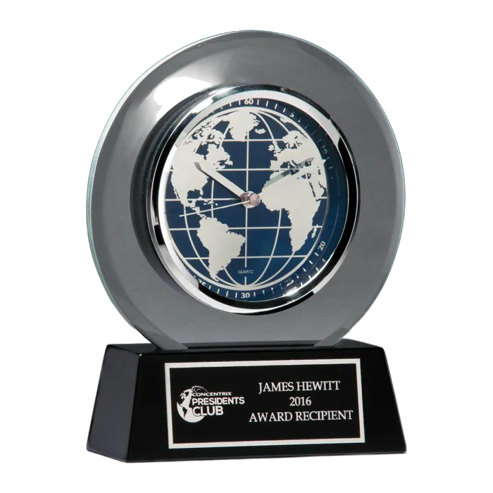 Glass Clock with World Dial on a Black High Gloss Base