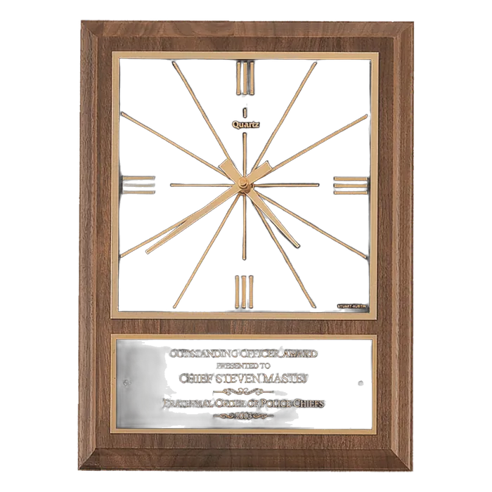 American Walnut Square Face Quartz Clock with Black Plate, 8" x 10"
