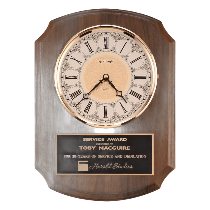 Walnut Quartz Clock, Brass Diamond Spun Bezel, Glass Lens, Ivory Dial, Plate