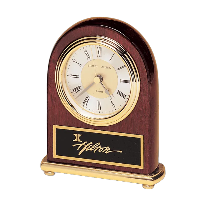 Arch Rosewood Finish Clock, Brass Base, Diamond Spun Dial w/Three Hand Movement