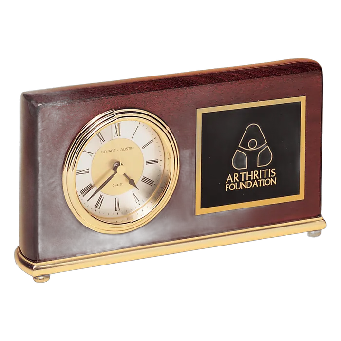 Rosewood Piano Finish Clock w/Brass Base, Diamond Spun Dial, Three Hand Movement