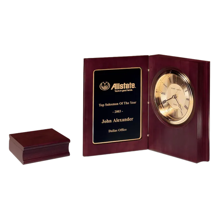 Hand Rubbed Mahogany Finish Book Clock, Diamond Spun Dial, Three Hand Movement