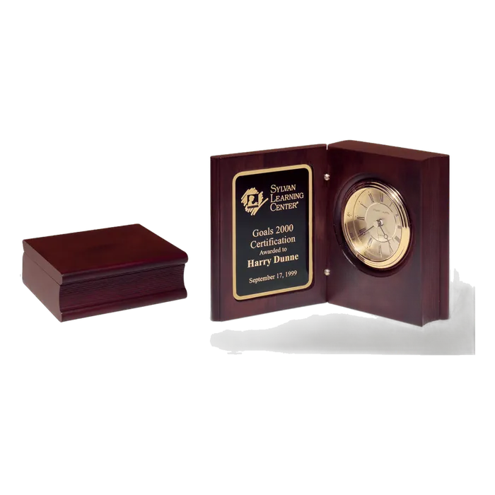 Hand Rubbed, Mahogany Finish Book Clock with Gold Spun Dial, Three Hand Movement