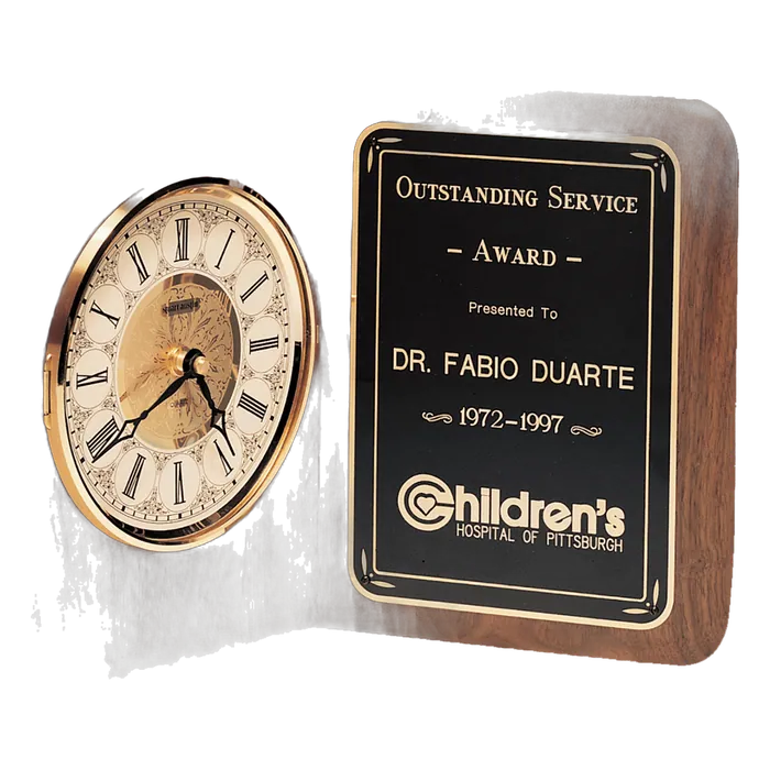 Walnut Quartz Book Clock, Brass Diamond Spun Bezel, Glass Lens, Ivory Dial