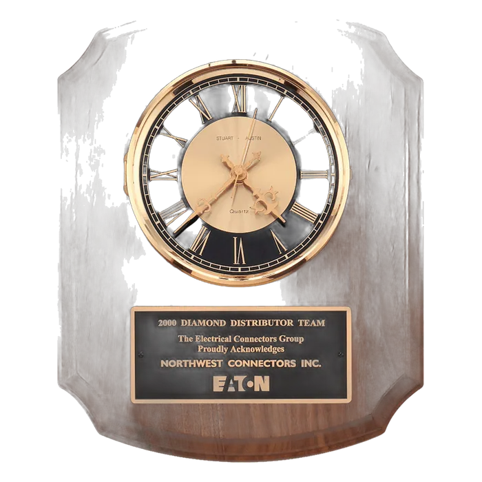 Walnut Quartz Clock, Brass Diamond Spun Bezel, Glass Lens, Black & Gold Dial