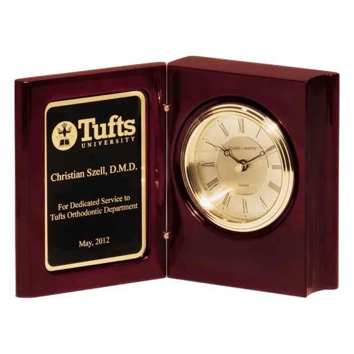 Rosewood Piano Finish Book Clock with Diamond Spun Dial and Three Hand Movement