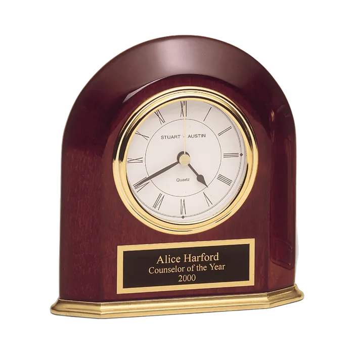 Rosewood Piano Finish, Arched Table Clock with Solid Brass Base