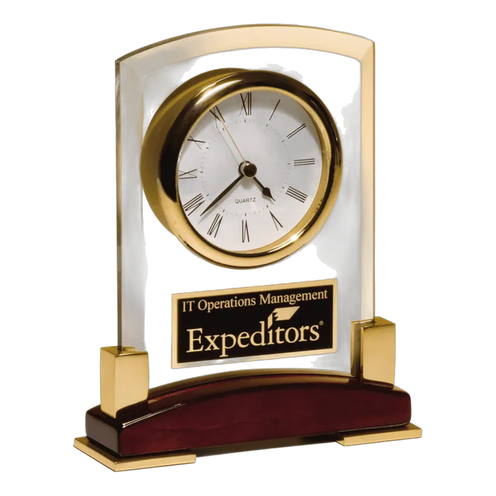 Beveled Glass Desktop Clock, Rosewood Piano Finish Base with Gold Metal Accents