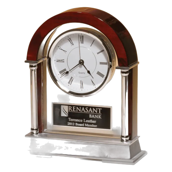 Rosewood Piano Finish Mantle Clock w/Chrome Plated Posts, Silver Aluminum Accent