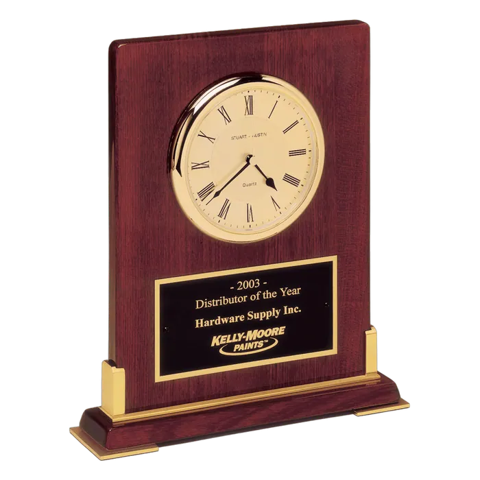 Desktop Clock, Rosewood Piano Finish Wood with Gold Metal Accents