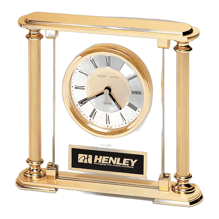Glass Upright w/Feet & Top, Metal Goldtone Columns, Diamond Spun Dial/3 Hands