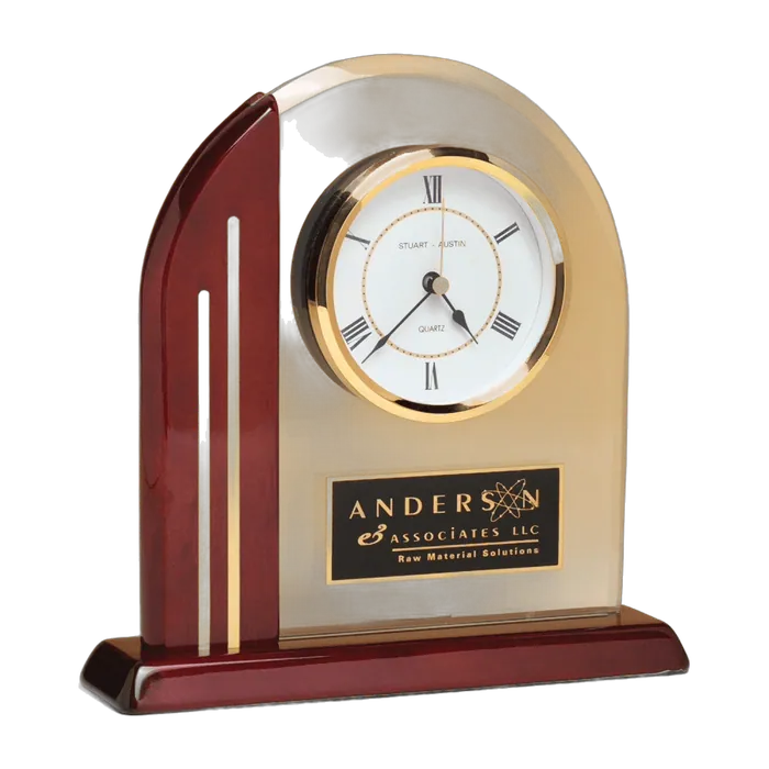 Arch Clock with Glass Upright and Rosewood Piano Finish Post and Base