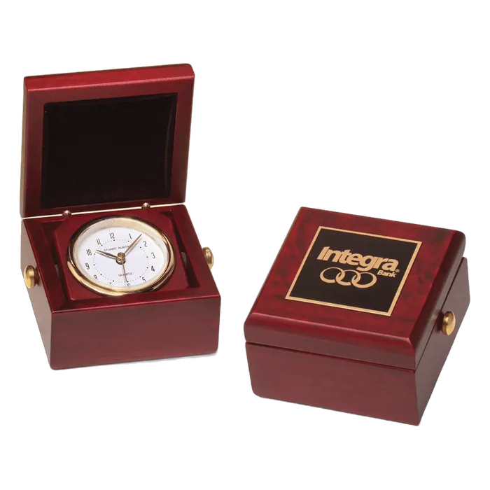 Hand Rubbed Mahogany Finish Box Clock, Metal Goldtone Knobs and Velour Lined Lid