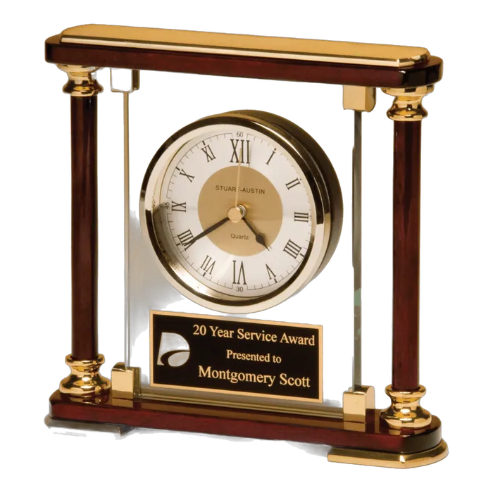 Glass and Rosewood Piano Finish Clock with Gold Metal Accents