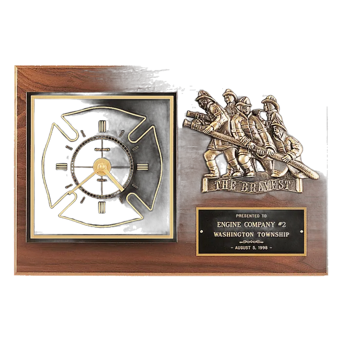 Walnut Plaque w/Gold Maltese Cross Clock/Firefighter Relief/Black Brass Plate