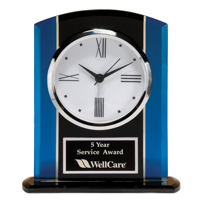 Black and Blue Glass Clock, Silver Bezel, Three Hand Movement