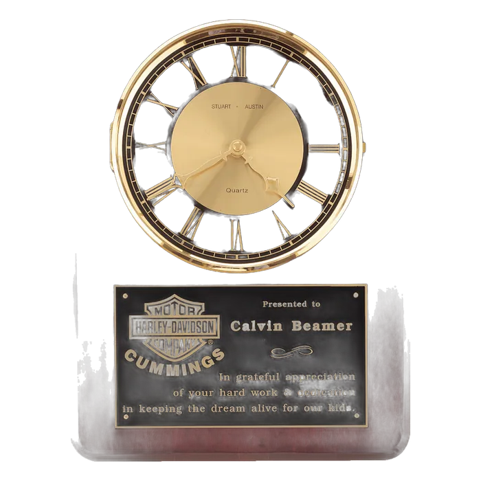 Rosewood Piano Finish Clock, Brass Bezel w/Glass Lens, Black/Gold Dial, Plate