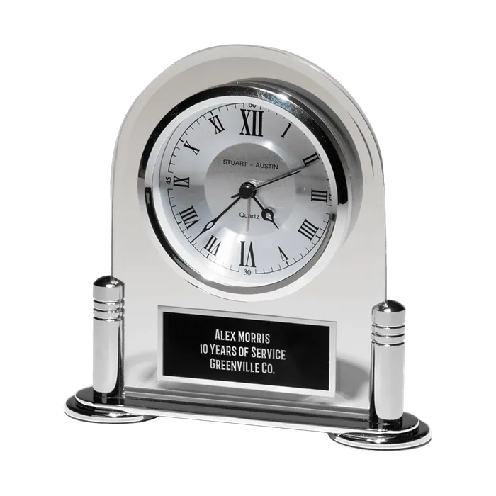 Desk Clock with Beveled Glass Upright and Silver Metal Base, Three Hand Movement