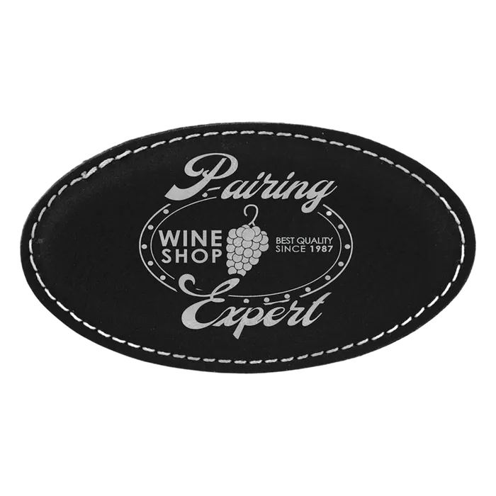 Black/Silver 3 1/4" x 1 3/4" Leatherette Oval Badge with Magnet