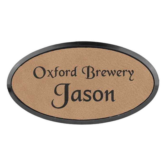3" x 1 1/2" Light Brown Leatherette Oval Badge with Frame