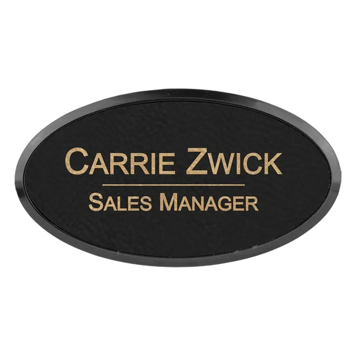 Black/Gold Leatherette Oval Name Badge with Plastic Frame