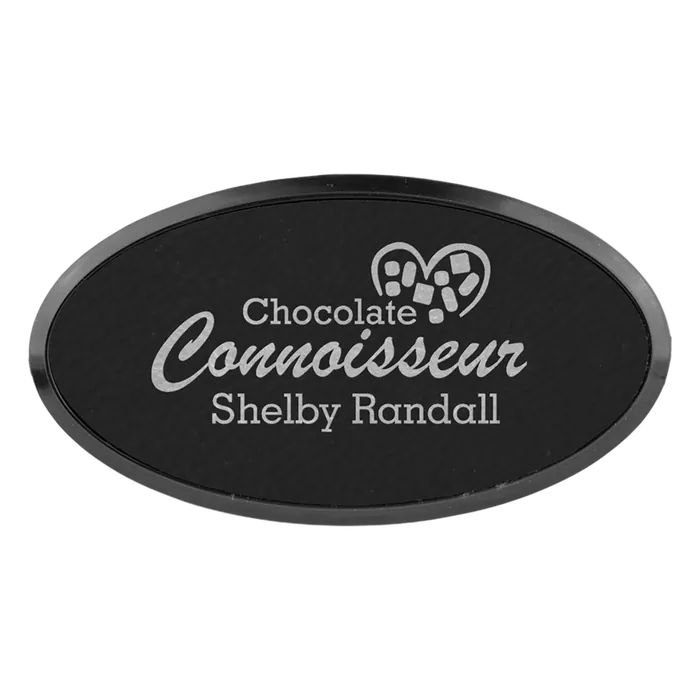 3" x 1 1/2" Black/Silver Leatherette Oval Badge with Frame