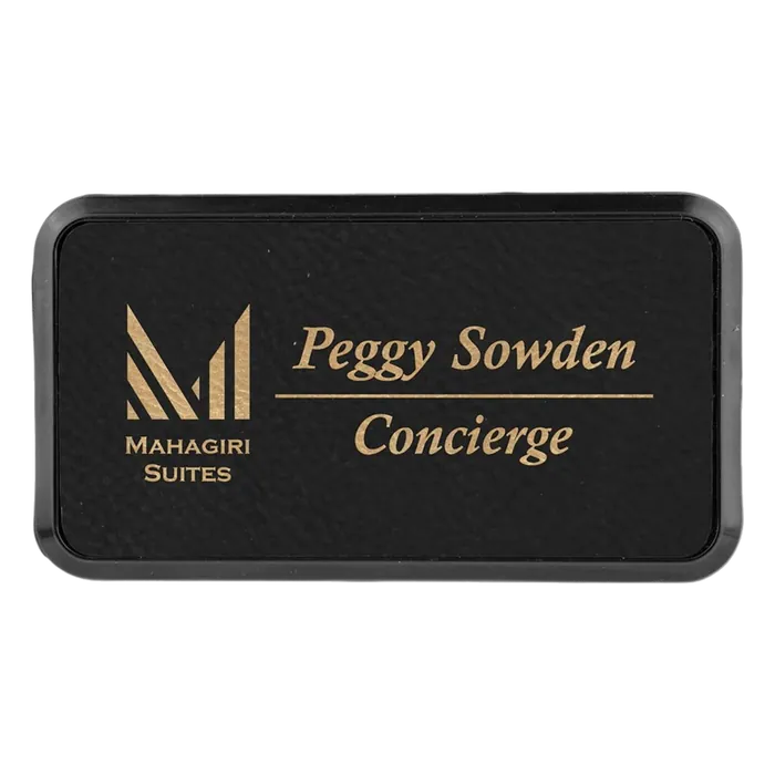 3" x 1 1/2" Black/Gold Leatherette Round Corner Badge with Frame