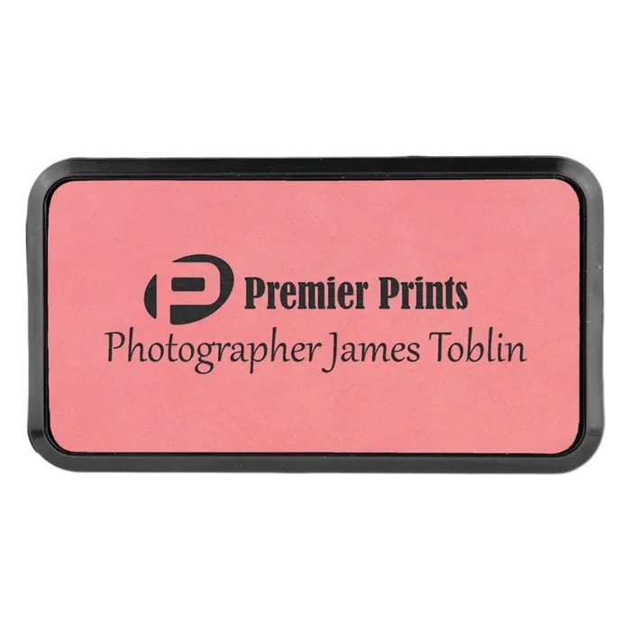 3" x 1 1/2" Pink Leatherette Round Corner Badge with Frame