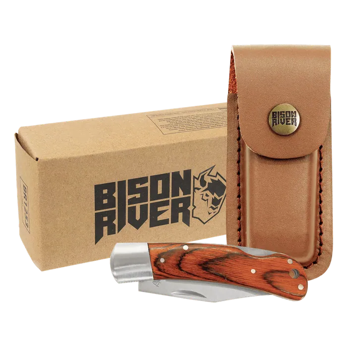 Bison River Wood Handle Folding Knife with Leather Sheath