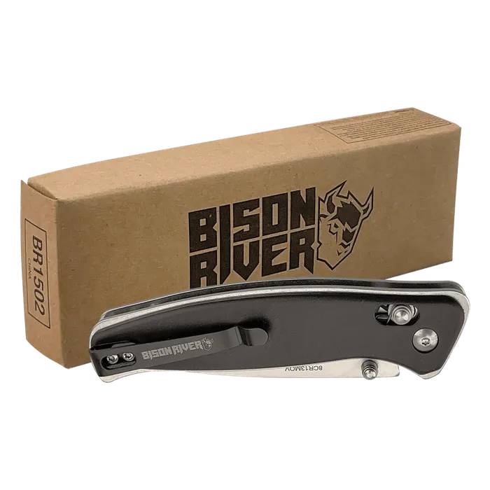 Bison River Black Anodized Aluminum Button Lock Knife