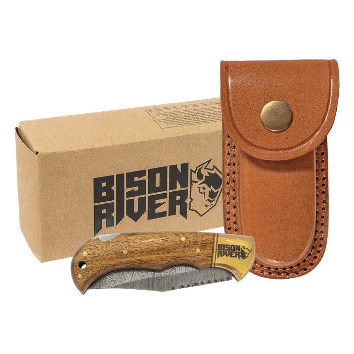 Bison River Folding Knife with Damascus Steel Blade and Leather Sheath